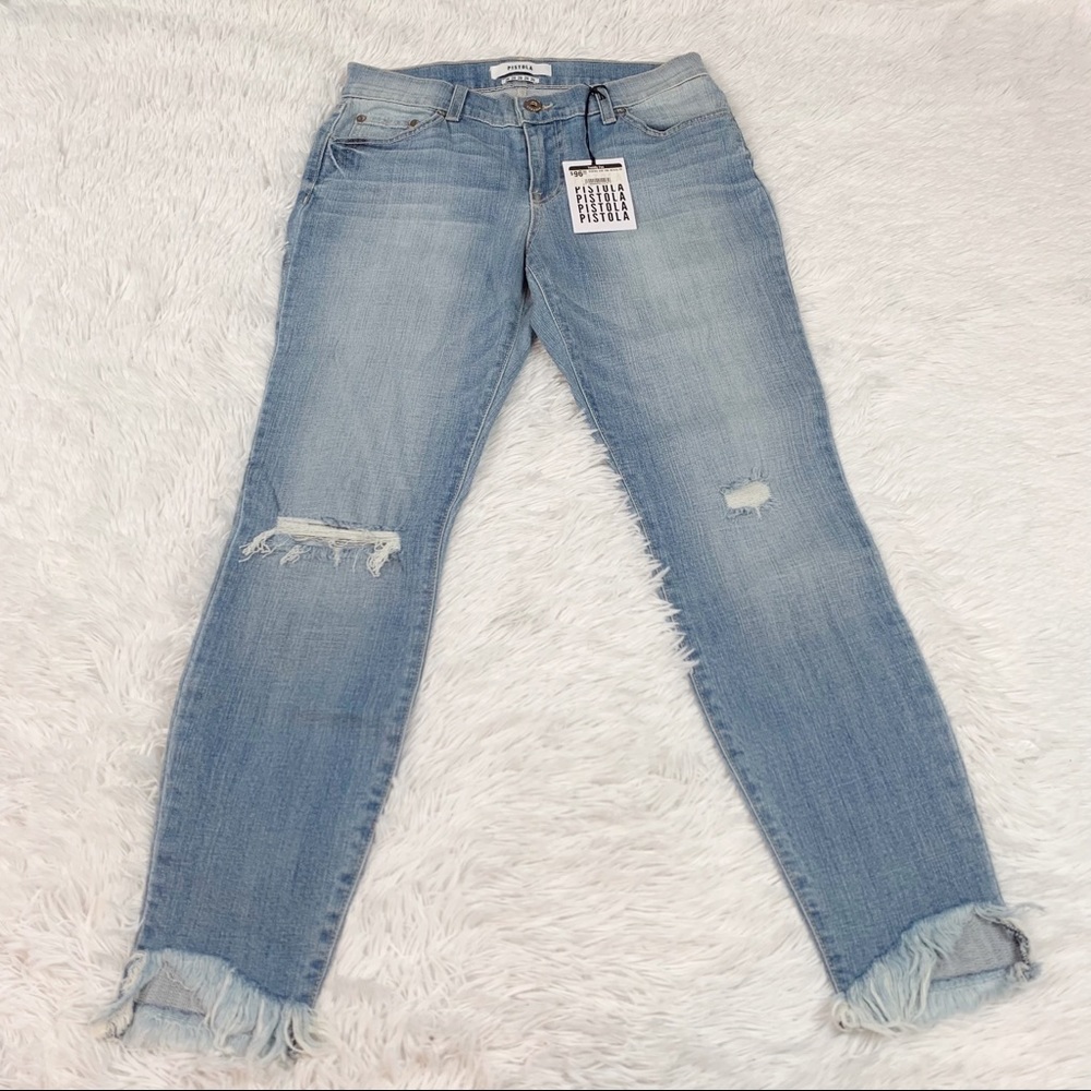 Pistola Audrey Mid Rise skinny Jeans Frayed hem light wash distressed blue